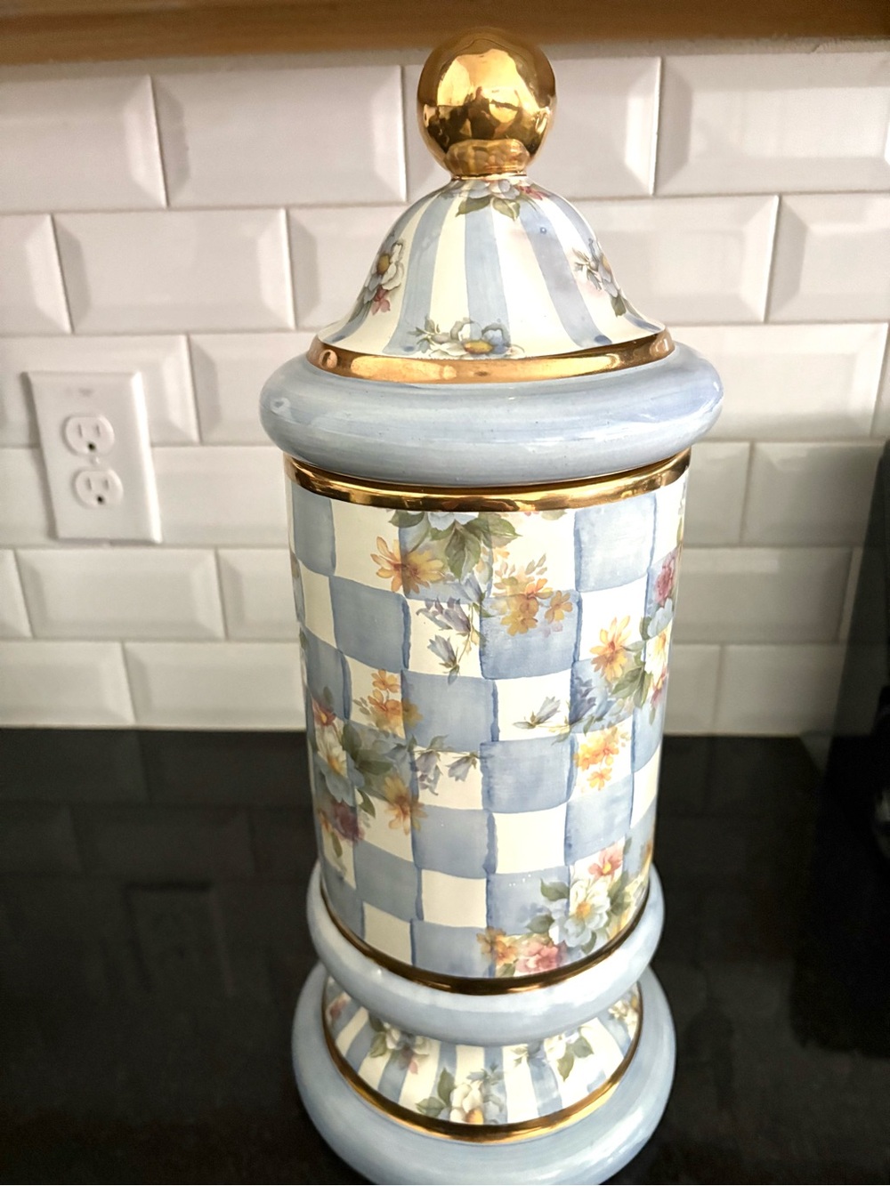 Mackenzie Childs Honeymoon Blue & White Floral Check Ceramic Jar with Gold Trim - Picture 2 of 8